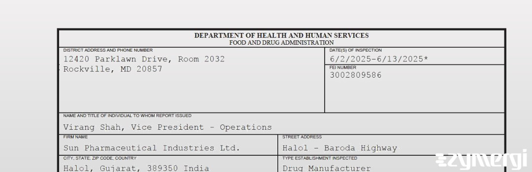 FDANews 483 Sun Pharmaceutical Industries, LTD. Jun 13 2025 top