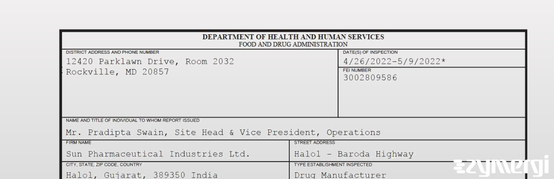 FDANews 483 Sun Pharmaceutical Industries, LTD. May 9 2022 top