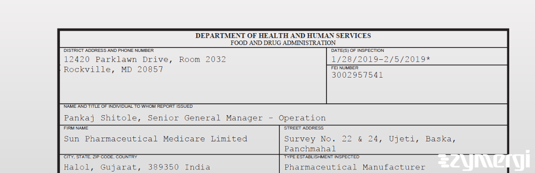 FDANews 483 Sun Pharmaceutical Medicare Limited Feb 5 2019 top