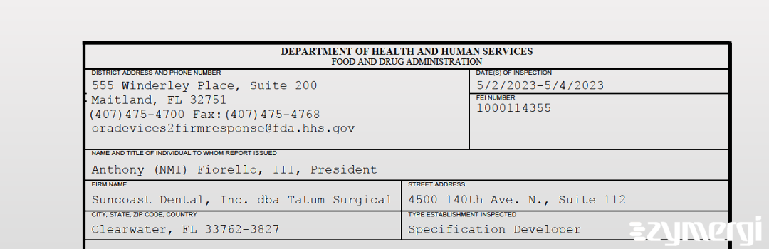 FDANews 483 Suncoast Dental, Inc. dba Tatum Surgical May 4 2023 top