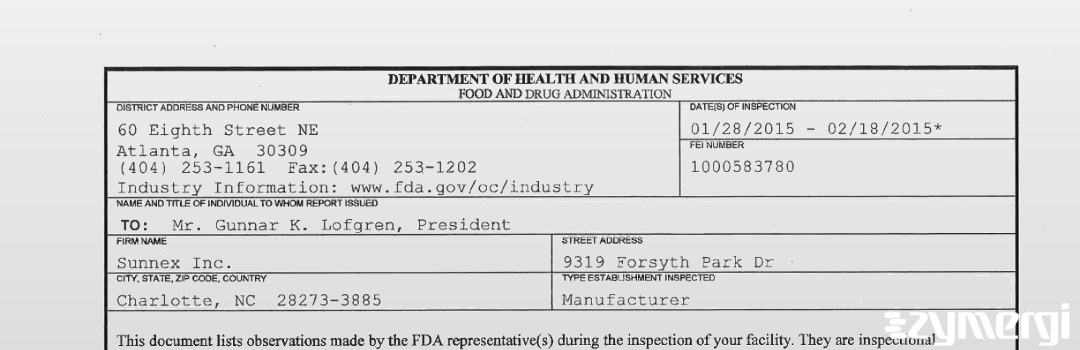 FDANews 483 Sunnex Inc. Feb 18 2015 top