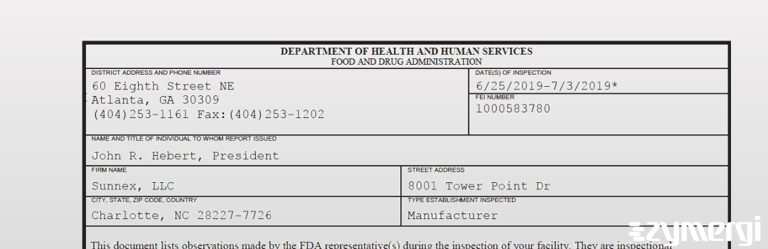 FDANews 483 Sunnex, LLC Jul 3 2019 top