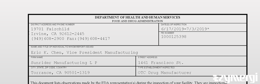 FDANews 483 Sunrider Manufacturing L P Jul 3 2019 top