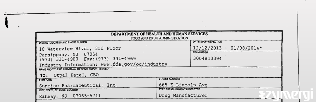 FDANews 483 Sunrise Pharmaceutical, Inc. Jan 8 2014 top