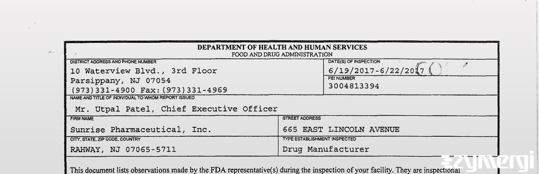 FDANews 483 Sunrise Pharmaceutical, Inc. Jun 22 2017 top