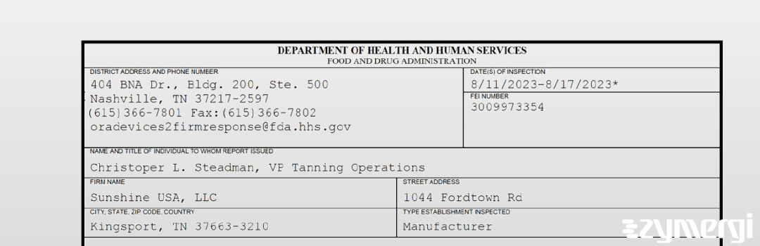 FDANews 483 Sunshine USA, LLC Aug 17 2023 top