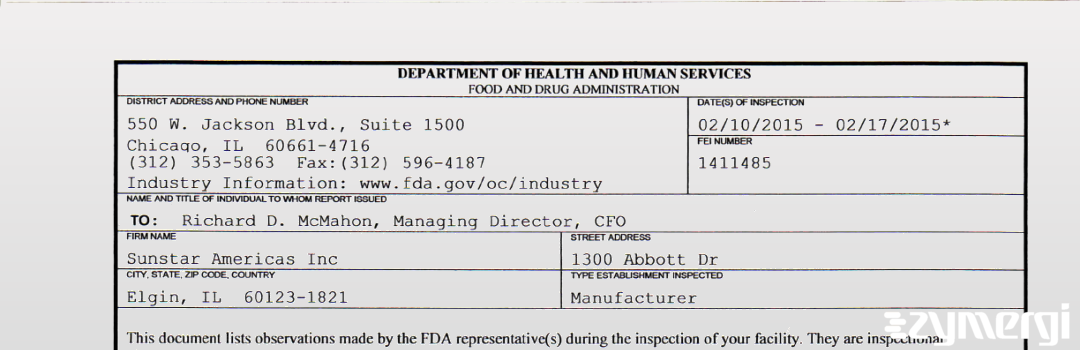 FDANews 483 Sunstar Americas, Inc. Feb 17 2015 top