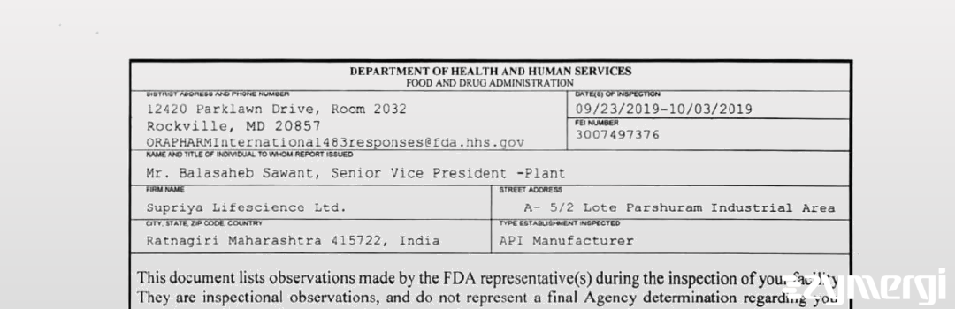 FDANews 483 Supriya Lifescience Limited Oct 3 2019 top