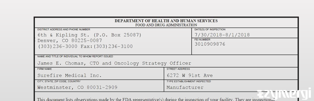 FDANews 483 Surefire Medical, Inc Aug 1 2018 top