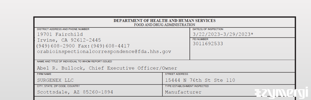 FDANews 483 SURGENEX LLC Mar 29 2023 top