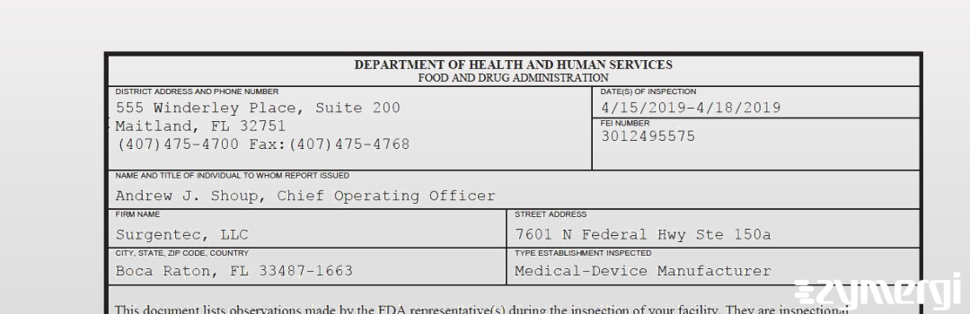 FDANews 483 SurGenTec, LLC Apr 18 2019 top