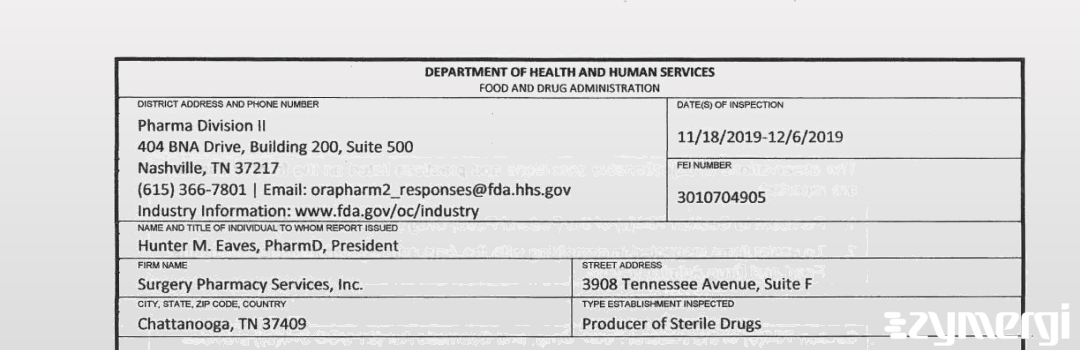 FDANews 483 Surgery Pharmacy Services Inc Dec 6 2019 top