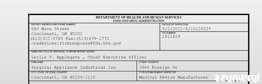 FDANews 483 Surgical Appliance Industries Inc May 10 2022 top