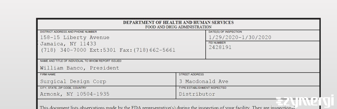 FDANews 483 Surgical Design Corp Jan 30 2020 top