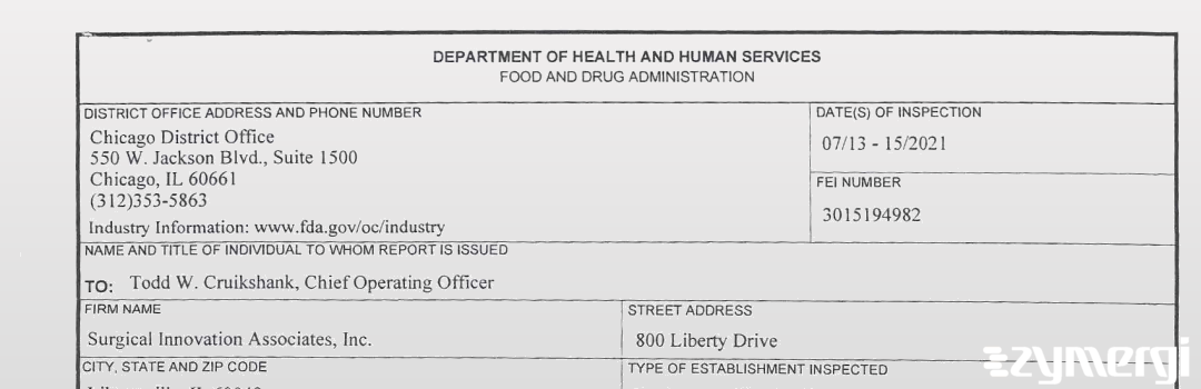 FDANews 483 Surgical Innovation Associates Inc Jul 15 2021 top