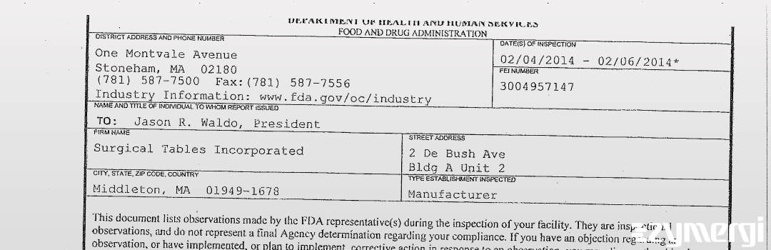 FDANews 483 Surgical Tables Incorporated Feb 6 2014 top