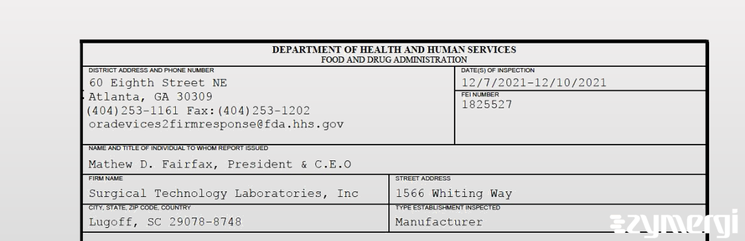 FDANews 483 Surgical Technology Laboratories, Inc Dec 10 2021 top