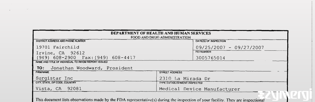 FDANews 483 Surgistar, Inc. Sep 27 2007 top