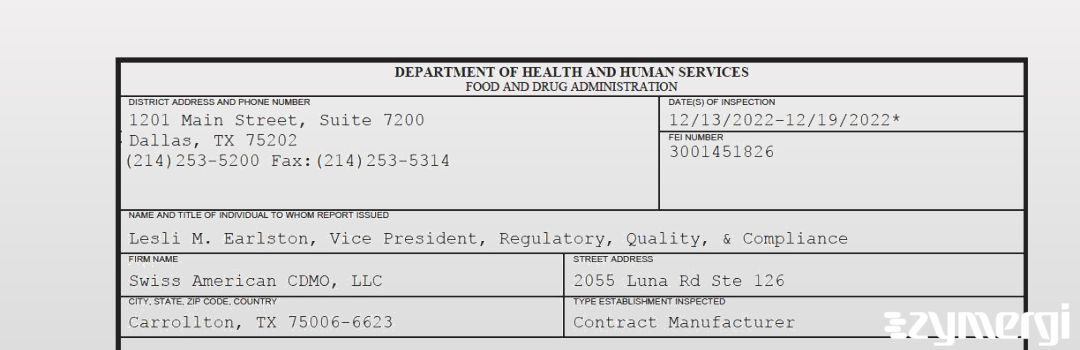 FDANews 483 Swiss American CDMO, LLC Dec 19 2022 top