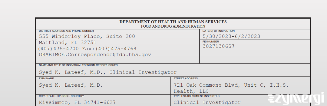 FDANews 483 Syed K. Lateef, M.D. Jun 2 2023 top