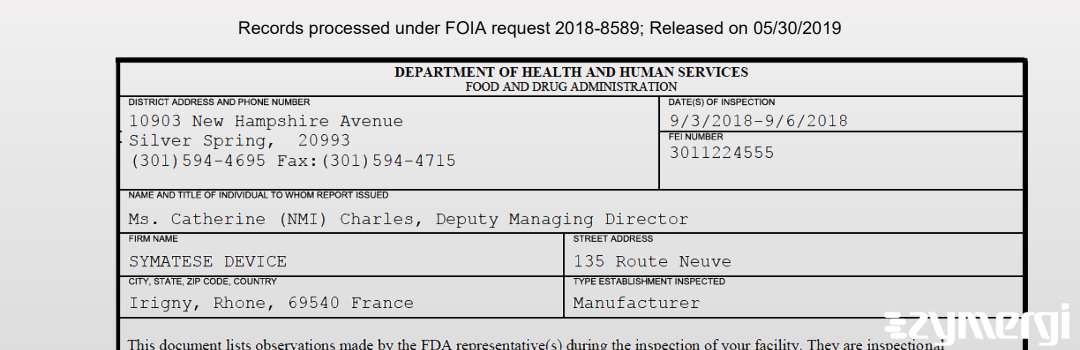 FDANews 483 SYMATESE DEVICE Sep 6 2018 top