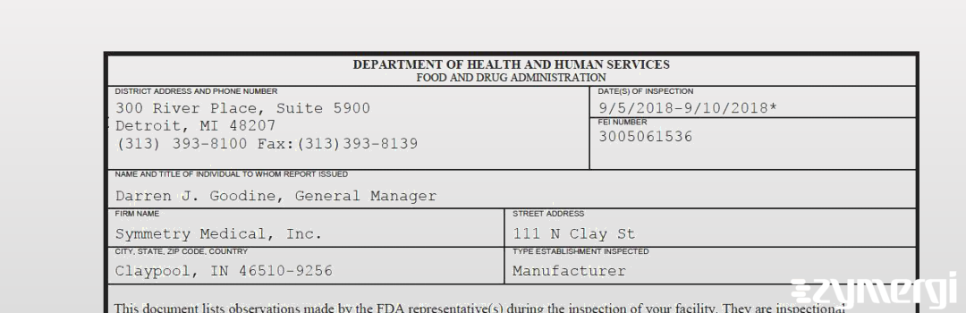 FDANews 483 Symmetry Medical, Inc. Sep 10 2018 top