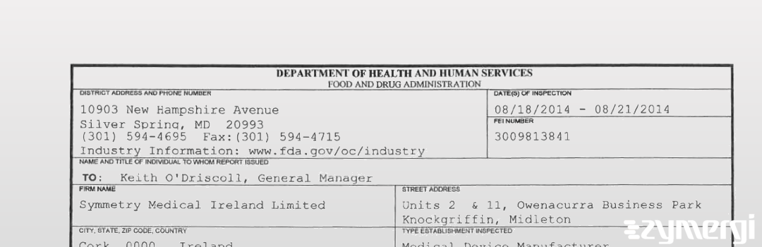FDANews 483 Symmetry Medical Ireland Limited Aug 21 2014 top