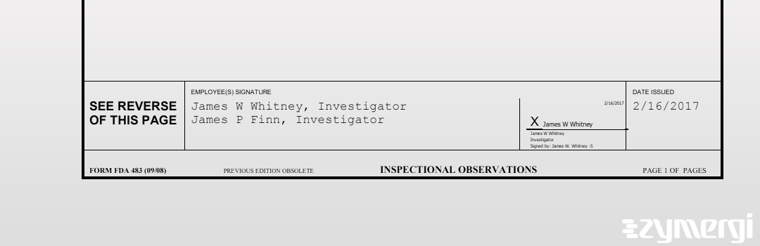 James P. Finn FDA Investigator James W. Whitney FDA Investigator 