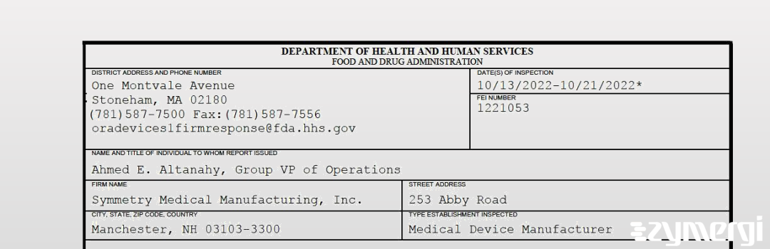 FDANews 483 Symmetry Medical Manufacturing, Inc. Oct 21 2022 top