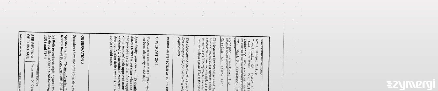FDANews 483 Synapse Biomedical Inc Dec 5 2014 top