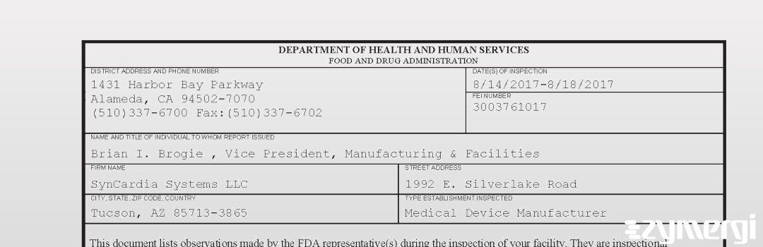 FDANews 483 SynCardia Systems Inc. Aug 18 2017 top