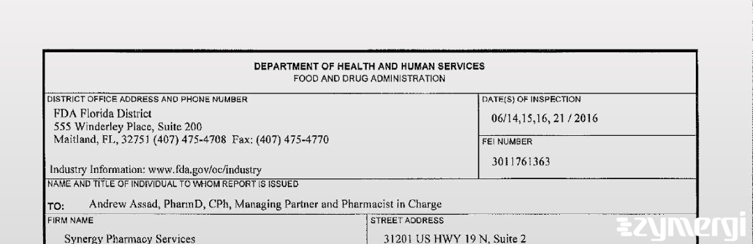 FDANews 483 Synergy Pharmacy Services, Inc. Jun 21 2016 top