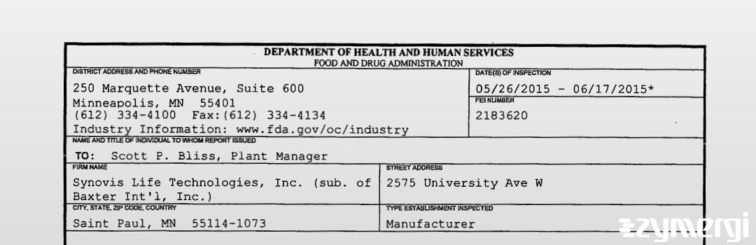 FDANews 483 Synovis Life Technologies, Inc. (sub. of Baxter Int'l, Inc.) Jun 17 2015 top