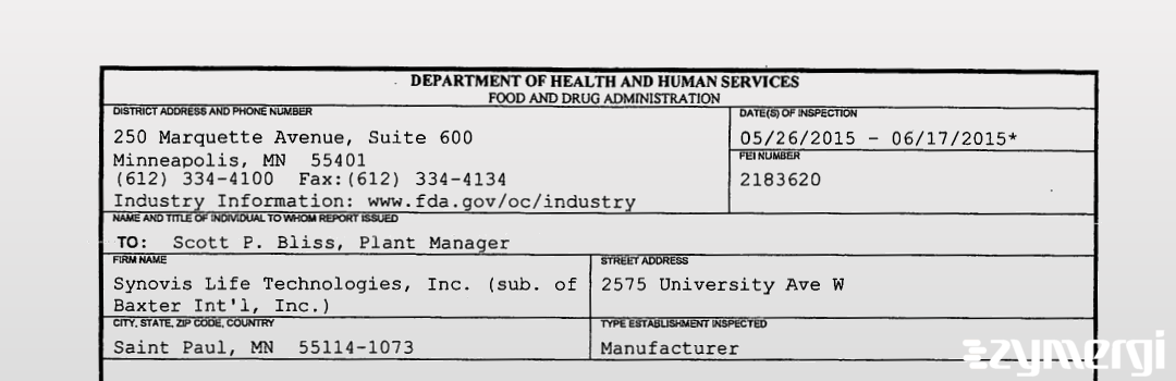 FDANews 483 Synovis Life Technologies, Inc. (sub. of Baxter Int'l, Inc.) Jun 17 2015 top