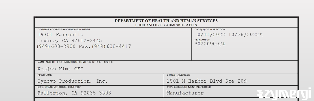 FDANews 483 Synovo Production, Inc. Oct 26 2022 top