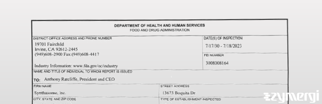 FDANews 483 Synthasome, Inc Jul 18 2023 top
