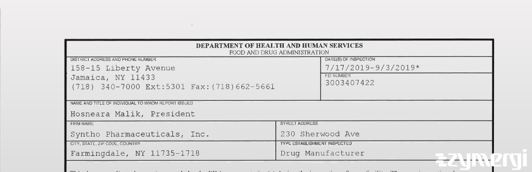 FDANews 483 Syntho Pharmaceuticals, Inc. Sep 3 2019 top