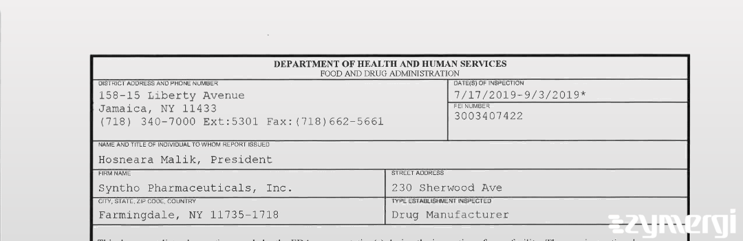 FDANews 483 Syntho Pharmaceuticals, Inc. Sep 3 2019 top