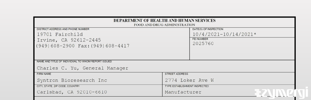FDANews 483 Syntron Bioresearch Inc Oct 14 2021 top