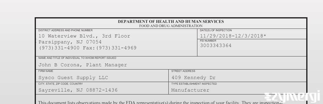 FDANews 483 Sysco Guest Supply LLC Dec 3 2018 top