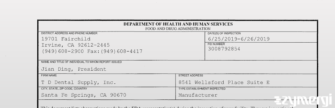 FDANews 483 T D Dental Supply, Inc. Jun 26 2019 top