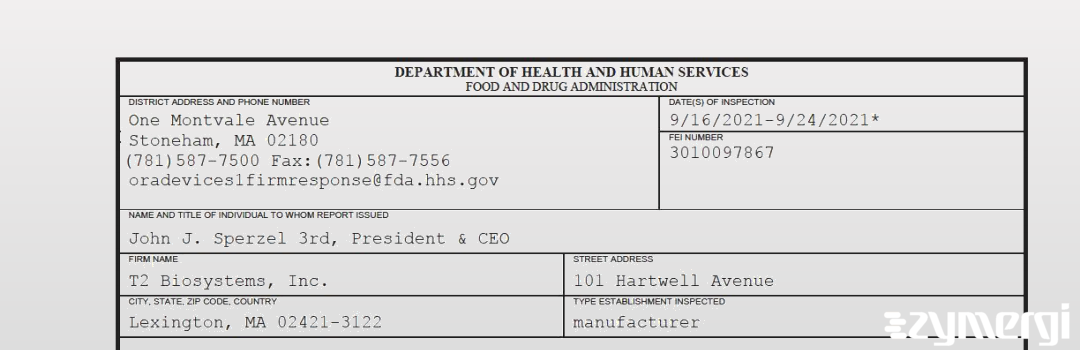 FDANews 483 T2 Biosystems, Inc. Sep 24 2021 top