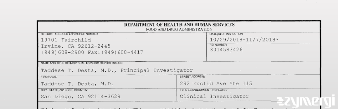 FDANews 483 Taddese T. Desta, M.D. Nov 7 2018 top