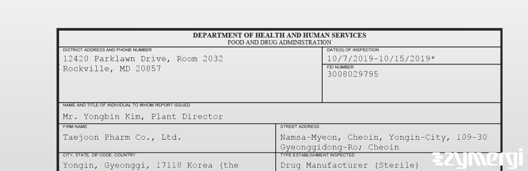 FDANews 483 Taejoon Pharm Co., Ltd. Oct 15 2019 top