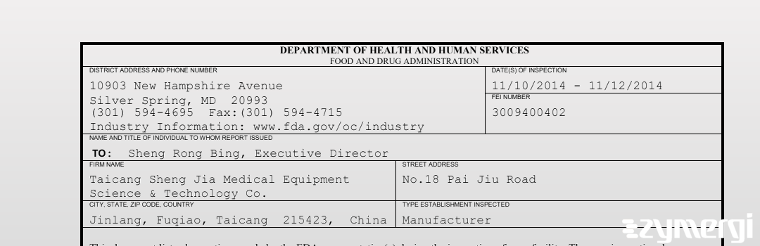 FDAzilla 483 Taicang Sheng Jia Medical Equipment Science & Technology Co. Nov 12 2014 top