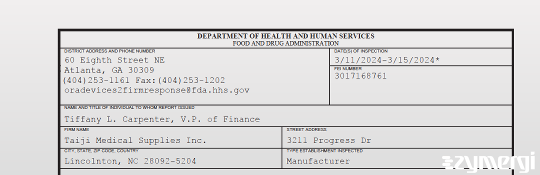 FDANews 483 Taiji Medical Supplies Inc. Mar 15 2024 top