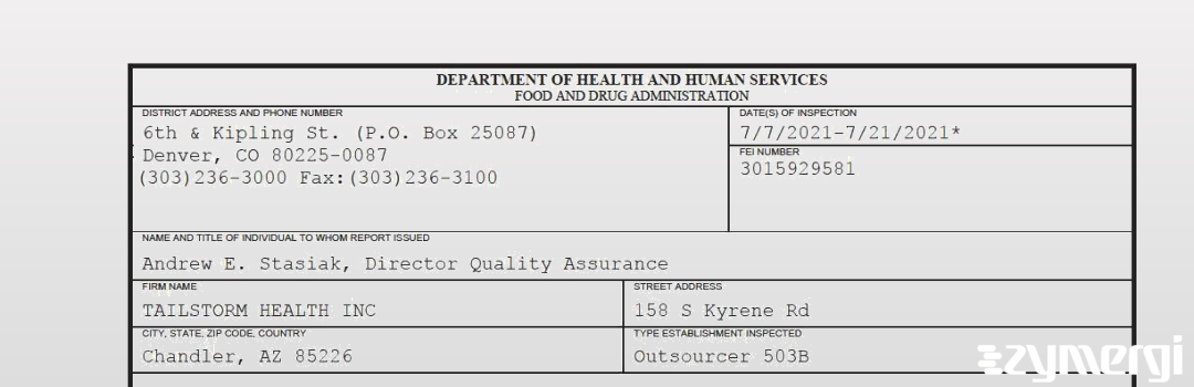 FDANews 483 TAILSTORM HEALTH INC Jul 21 2021 top