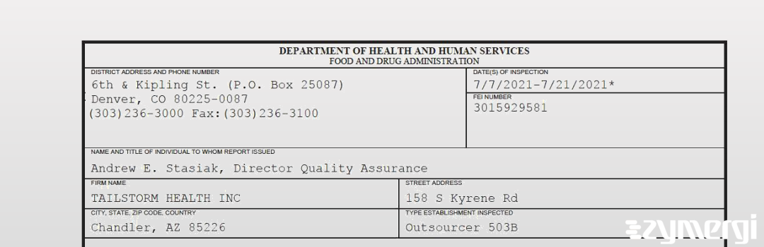 FDANews 483 TAILSTORM HEALTH INC Jul 21 2021 top