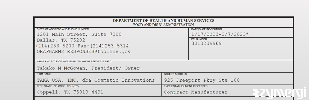 FDANews 483 TAKA USA, INC. dba Cosmetic Innovations Feb 7 2023 top