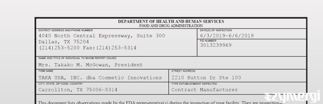 FDANews 483 TAKA USA, INC. dba Cosmetic Innovations Jun 6 2019 top